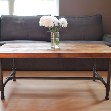 Harvest Wood Coffee Table with steel pipe leg base- Standard 1.5" top, x 36" L x 20" w x 18" tall. 