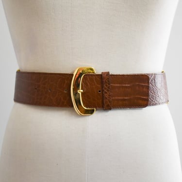 1990s Embossed Brown Leather Belt with Gold Metal Links 