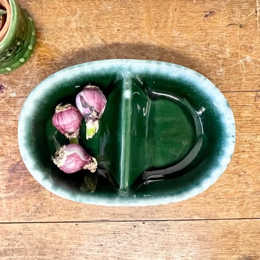 Emerald Green Hull Pottery Co Divided Bowl | H P Co Mid Century Stoneware | Oval Bowl | Serving Bowl | Drip Rim | Ceramic | Oven Proof USA 