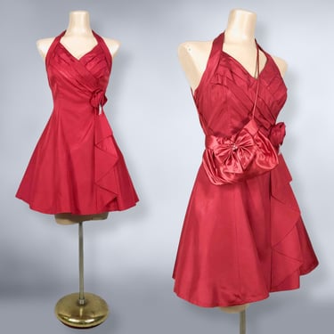 VINTAGE 80s 90s Red Mini Crinoline Party Dress and Purse Set by Paris Sport Club Sz 3 | 1980s 1990s Sweetheart Halter Neck Prom Dress | VFG 
