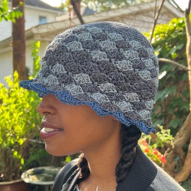 The Waves Bucket Hat in Indigo Blue/Cotton Hemp Crochet Bucket Hat/Crochet Bucket Hat with Navy Hemp Cord Contrast Row/Ready to Ship 