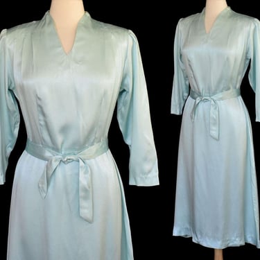 Vintage 40s Style Satin Cocktail Dress, Ice Blue Crepe Back Satin Dress, Size M Medium 
