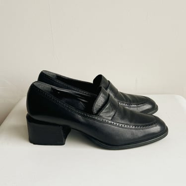 Black Block Heel Leather Loafers | Size 7.5