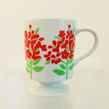 Vintage 1960s Retro Red Flower Power Porcelain Ceramic Pedestal Coffee Cup Mug Japan 