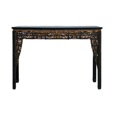 Chinese Vintage Black Golden Carving Motif Tall Altar Console Table ws4674E 