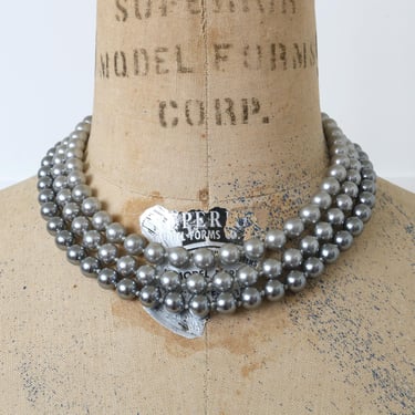 vintage 1950s gray silver pearl necklace • multi-strand MCM cocktail necklace • choker length 