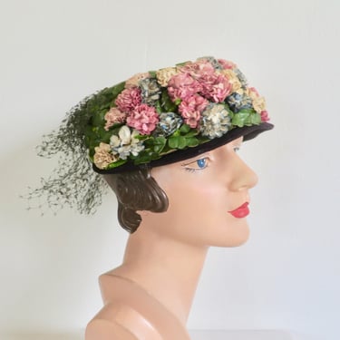 Vintage 1940's Open Crown Floral Hat Flower Pot Veil Bow Multicolor Flowers Leaves Formal WW2 Era 40's Millinery 