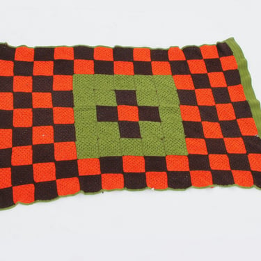 70's Vintage crocheted Afghan Throw Blanket - Checker Pattern / Granny Square - Orange Brown Olive Green 