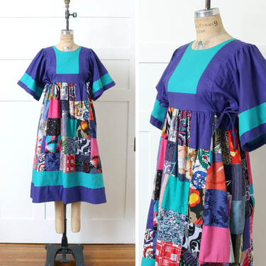 vintage quilted Kaftan dress in bright teal & purple cotton • bell sleeve boho dress 