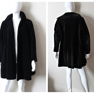 Vintage 50s Thick Black Velvet Swing Coat Clutch Plum Taffeta Lining Jacket // One Size 