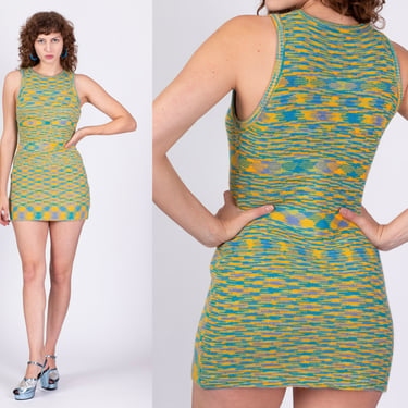 Space Dye Knit Bodycon Mini Dress - Petite Medium to Large | Green Yellow Sleeveless Fitted Dress 