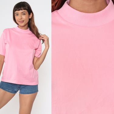 70s Mod Shirt Mock Neck Pink Top 1970s Plain Blouse Vintage Short Sleeve Shirt Normcore Basic Top Seventies Medium Large 
