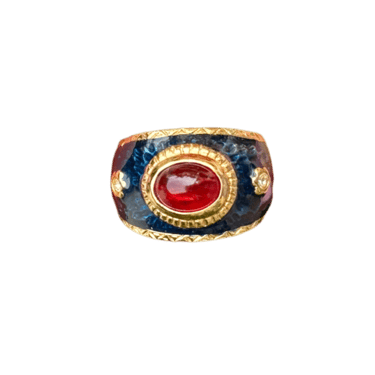 Mogul Blue Enamel Red Cabochon Ring Size 5