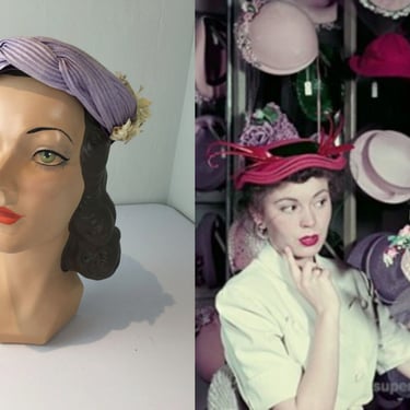 Choices Were Endless - Vintage 1950s Lavender Lilac Rayon Fabric Floral Caplet Hat 