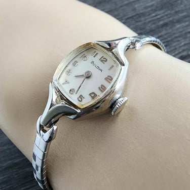 Vintage Bulova Watch 10K Rolled White Gold Plated Bezel with 1/20 and 1/50 10K RGP Band Mechanical Watch Mid Century Womens - Works 