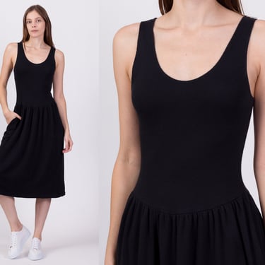 80s Black Pinafore Dress - Small to Medium | Vintage Minimalist Grunge Scoop Neck Midi Jumper Dress 