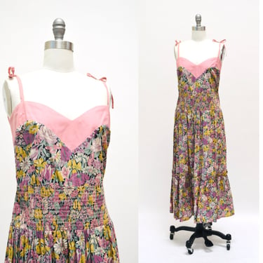 70s Vintage Floral Print Dress by Mandy Pothecary Liberty of London for Saks Fifth Avenue XS small Cotton Sundress Smocked 70s tank Dress 