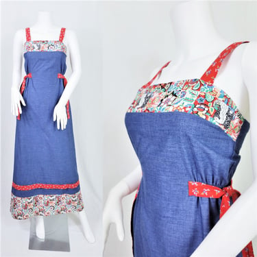 1970's Chambray Blue Cotton Smock Apron Dress Border Print I Sz Sm I Lisanne Jrs 