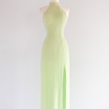 Vintage 1990's Honeydew Melon Beaded Evening Gown / SM