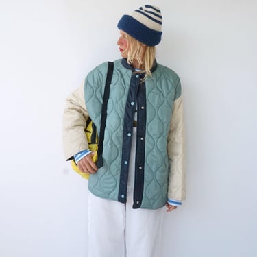 Vintage Sage Green Crème Navy Color Block Quilted Jacket | Quilt Liner Coat Oversized  | Unisex Round Quilted Puffer Coat Bomber | M 