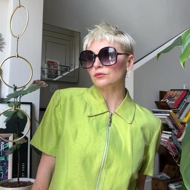 VTG 90s Green Cropped Slub Zip Up Shirt 