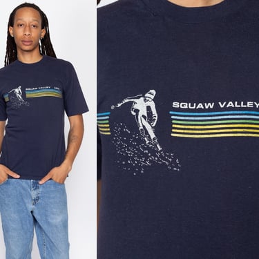 Medium 80s Squaw Valley Ski Resort T Shirt | Vintage Palisades Tahoe California Navy Blue Striped Graphic Tourist Tee 