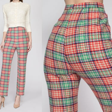 Small 60s Red & Green Plaid Side Zip Trousers 26" | Retro Vintage High Waisted Tapered Leg Cigarette Pants 