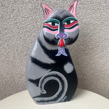 Vintage wood cat figurine folk art stripes black gray colorful painted face size 13” x 6.5” 