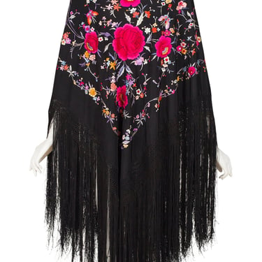 Art Deco Vintage Chinese Floral Embroidered Black Silk Fringe Piano Shawl 