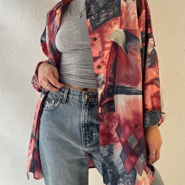 90s ‘Emblem’ Silk Button Up Blouse / Medium 