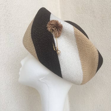 Vintage 1960s huge brim halo style hat browns Ivory woven straw by Ronee sz Medium 