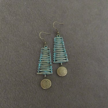 Patinated earrings, bohemian boho patina earrings, ethnic statement earrings, teal earrings, primitive etched bronze, ornate earrings 1711 