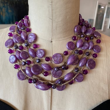 1950s beaded necklace, vintage choker, multi strand, purple beads, mrs maisel style, statement jewelry, 50s accessories, mid century fashion 