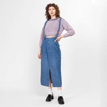 Medium 80s Denim Suspender Pinafore Dress | Vintage Overall Blue Jean Grunge Maxi Dress 