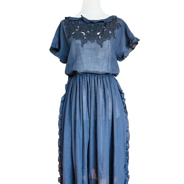 1970's William Pearson for Gump's Black Embroidered Cotton Dress