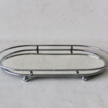 Chrome Oval Metal Low profile Vanity Makeup Mirror Vanity Tray Vintage Mid Century Hollywood Regency 