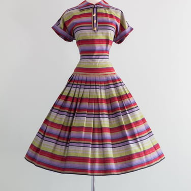 Vintage 1950's Movie Night Rainbow Striped Dress With Popcorn Buttons / Medium