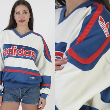 Adidas Trefoil Red White And Blue Sweatshirt, 90s Vintage USA Track Jumper, 80s Run DMC Embroidered AOP 
