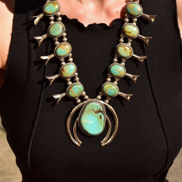 Signed Native American Green Turquoise Squash Blossom Necklace, L. Begay Sterling, Navajo Old Pawn Jewelry, 22 3/4