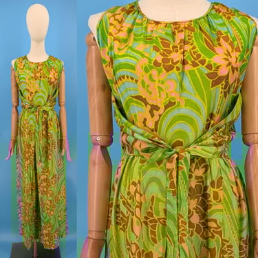 Vintage 70s Smart-Time XS Psychedelic Jumpsuit - Seventies Sleeveless Wide Leg Jumpsuit 