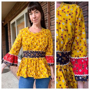 70s bell sleeve mustard cotton floral shirt 