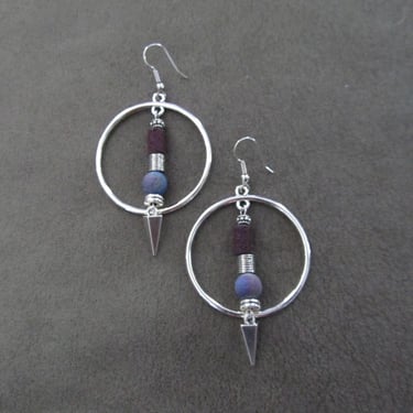 Purple druzy agate and silver hoop earrings 