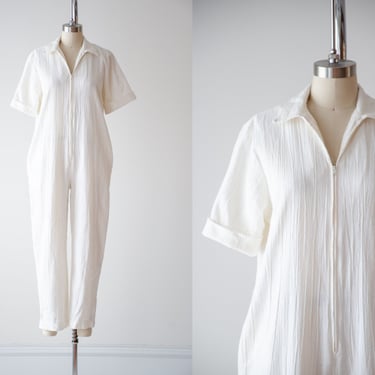 white jumpsuit | 70s 80s vintage white cream cotton coveralls minimalist short sleeve jumpsuit vintage workwear 