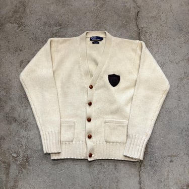 Vintage Polo Ralph Lauren 100% Wool Cream Varsity Cardigan Men’s Small 