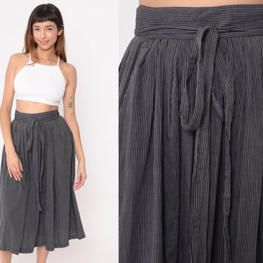 Striped Wrap Skirt 80s 90s Midi Skirt Grey Pinstriped High Waisted Retro Flowy A Line Basic Vintage 1980s Extra Small xs 34 
