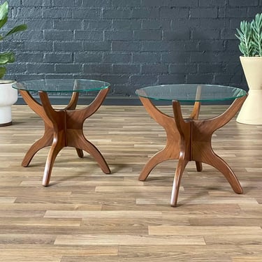 Pair of Mid-Century Modern Sculpted Walnut & Glass Side Tables, c.1960’s 