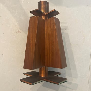 Mid Century Copper & Walnut Candlestick 