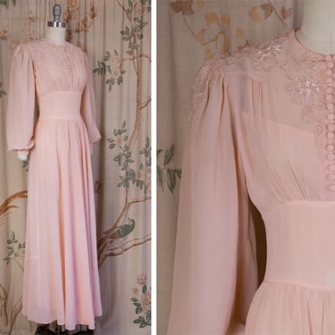 1930s Dress - The Chandrie Dress - Glorious Vintage Late 30s Pale Pink Chiffon Day Dress with Full Balloon Sleeves and Soutache 