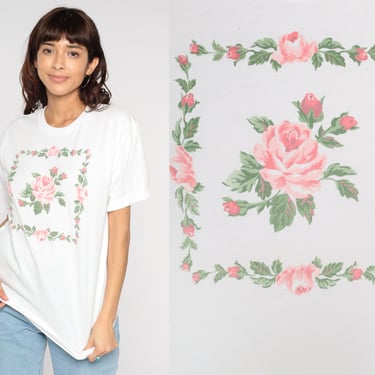 90s Floral T Shirt Flower Print Graphic Tee White Pink Rose Tshirt Short Sleeve Top Retro Boho Hipster Hippie Art Top Vintage 1990s Large L 