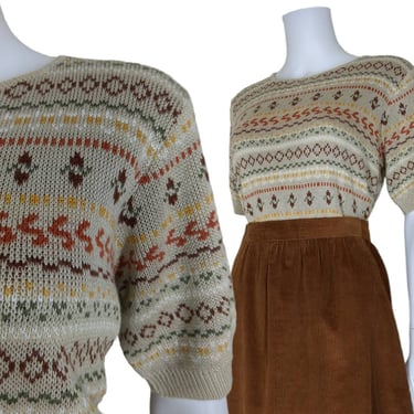Vintage Sweater Blouse, Medium / Autumnal Short Sleeve Sweater / Brown Beige Intarsia Knit Sweater / Earth Tone Fall Inspired Top 